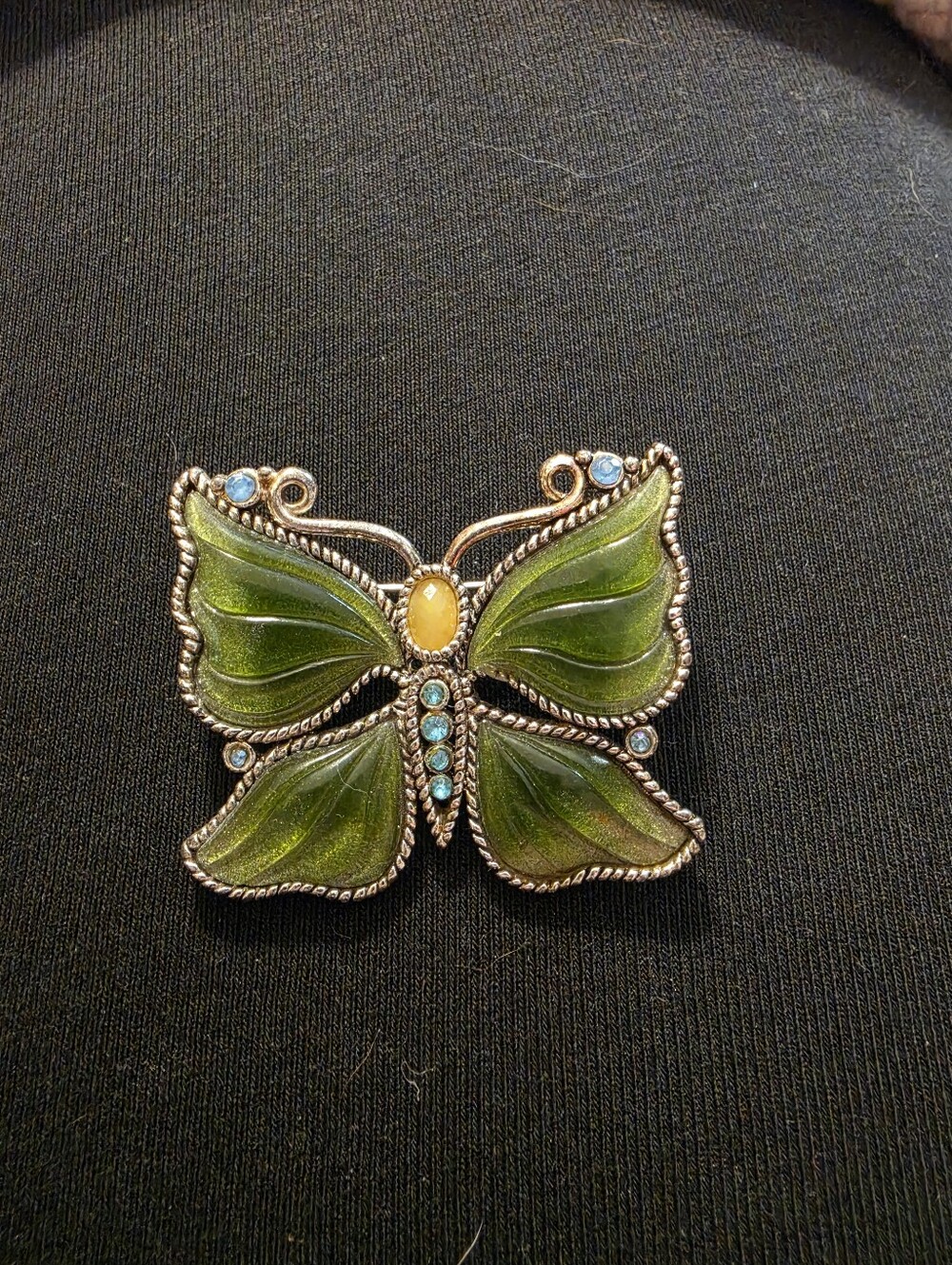 Green Butterfly Brooch with Blue Crystal Accents